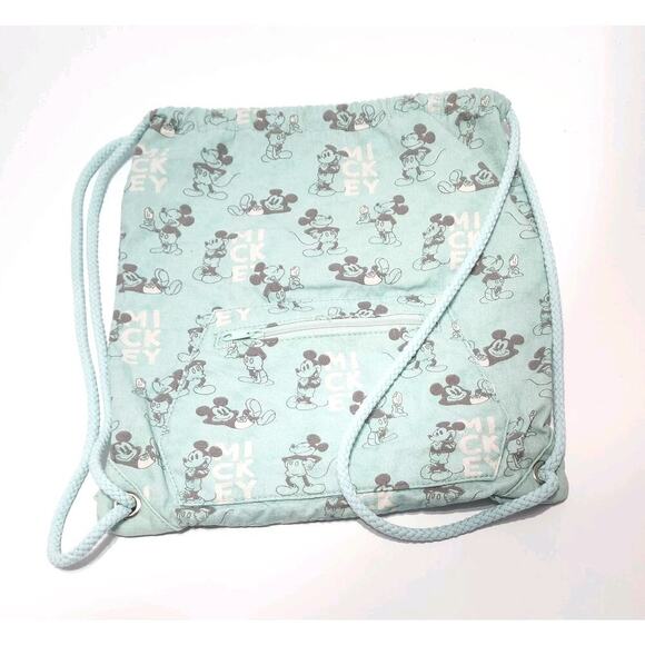 Disney's Mickey Mouse Aqua Blue Cotton Cinch Sack Bag Front Pocket - Picture 6 of 8